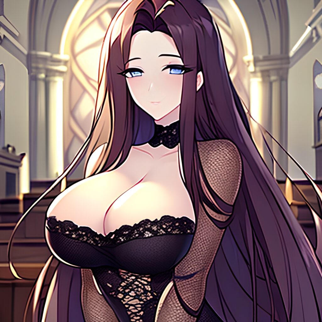 long hair woman brunette fishnet church messy hair