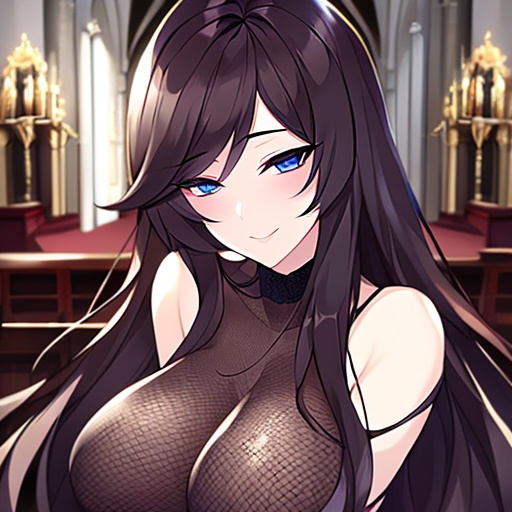 long hair woman brunette fishnet church messy hair 