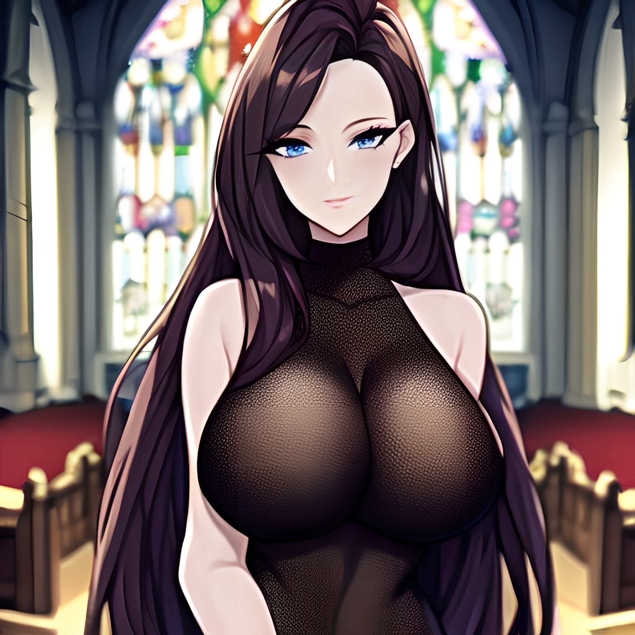 long hair woman brunette fishnet church messy hair 