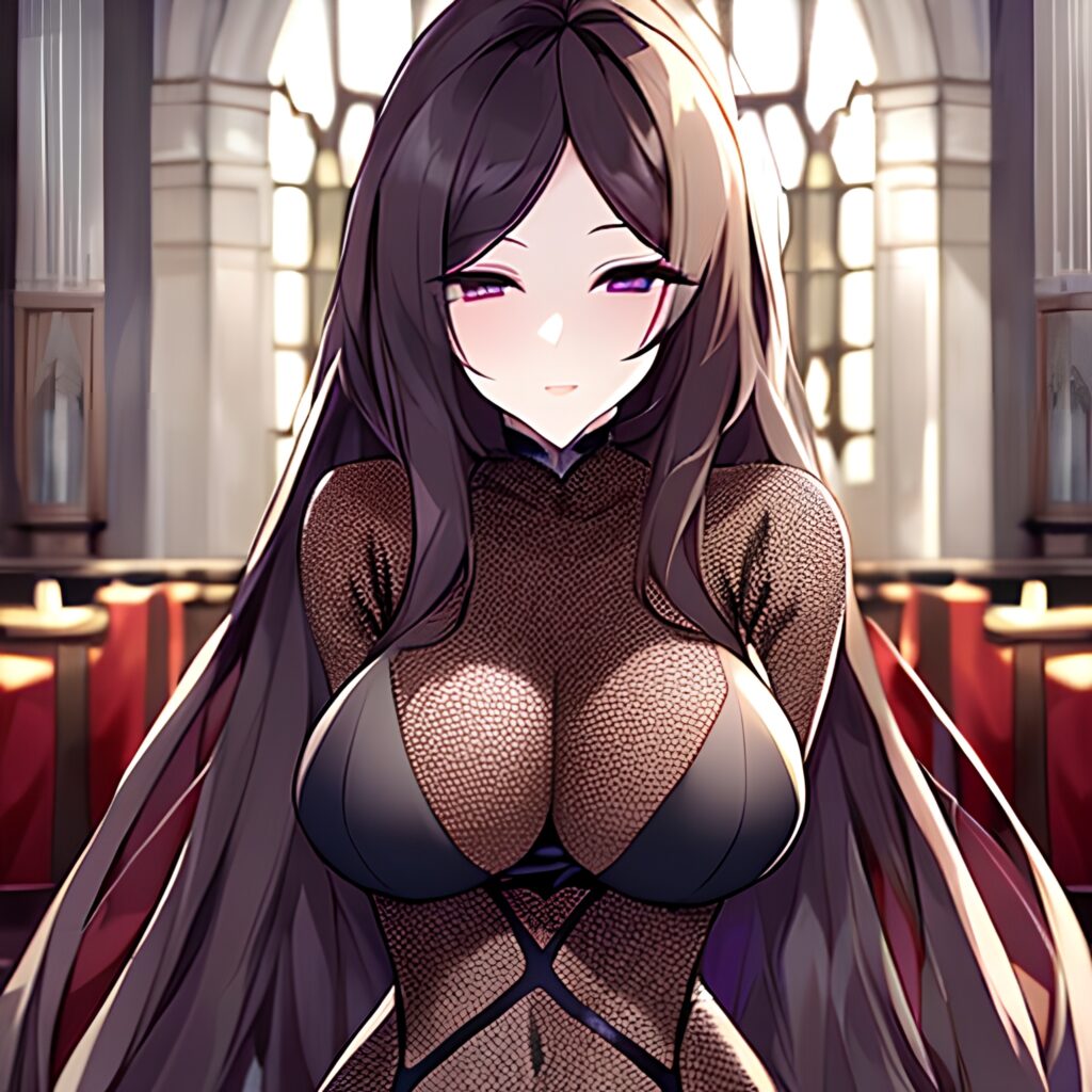 long hair woman brunette fishnet messy hair church 