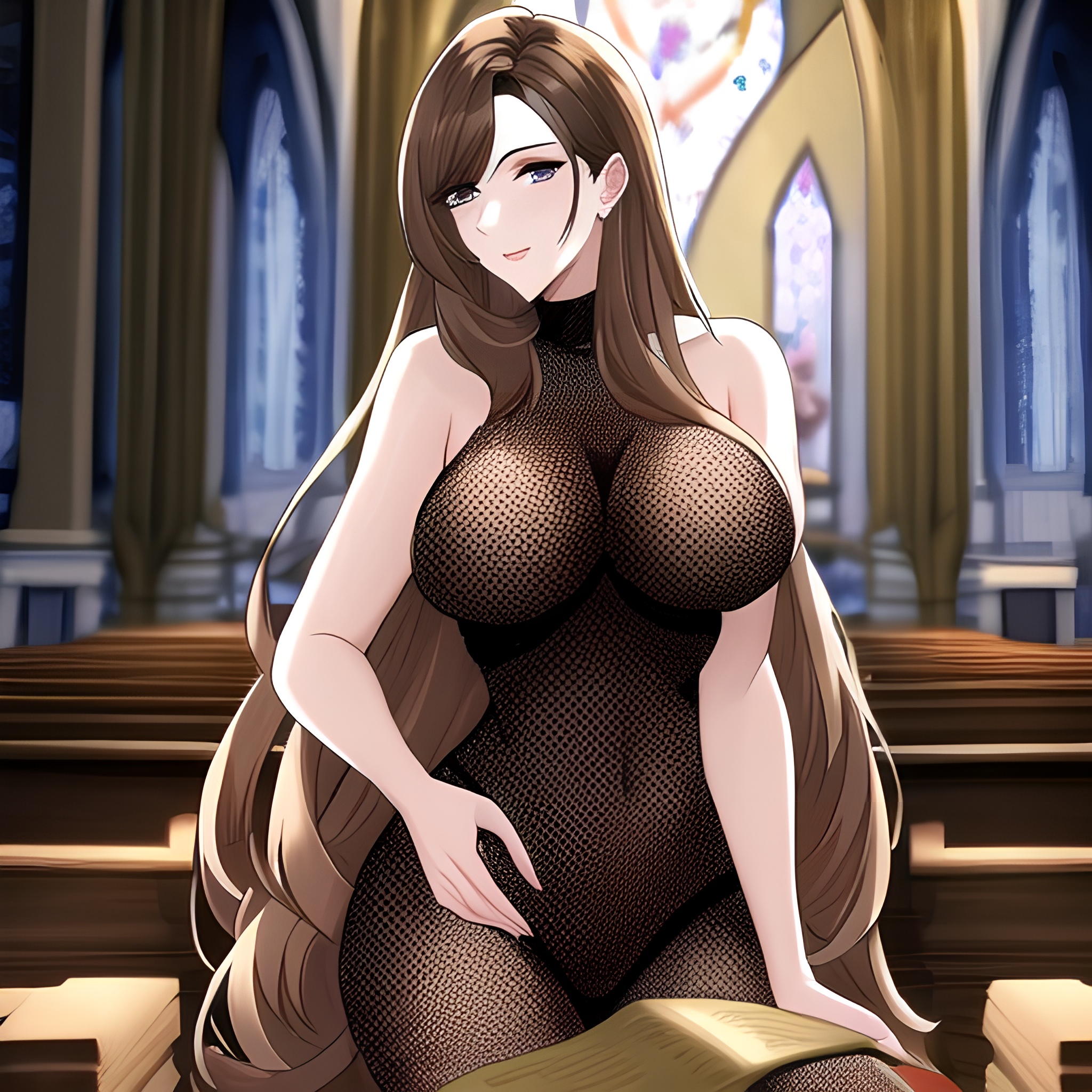long hair woman brunette fishnet messy hair church