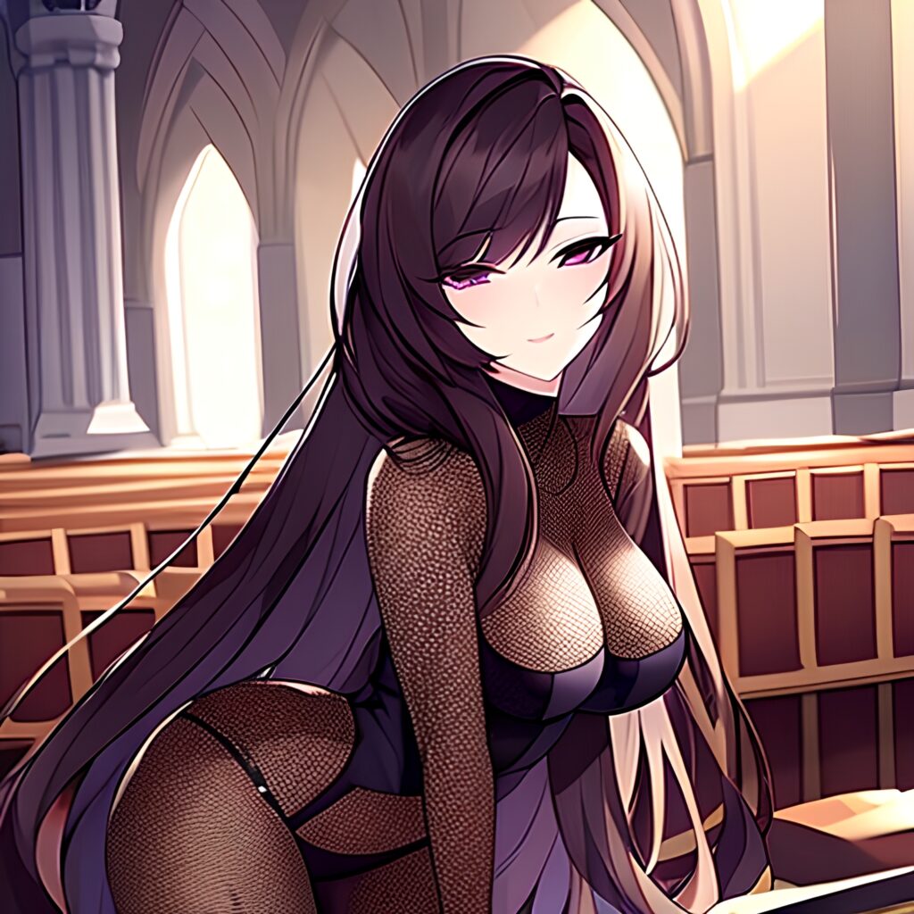 long hair woman brunette fishnet messy hair church 