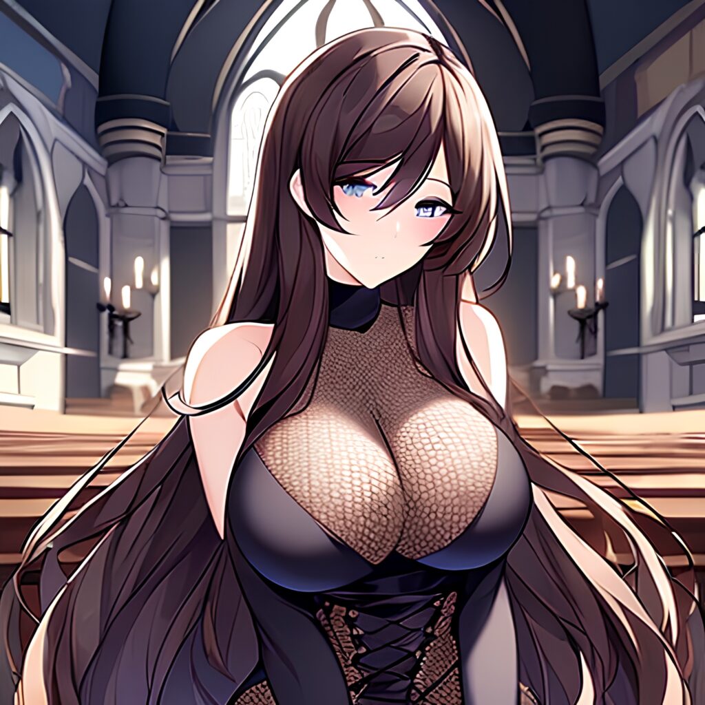 long hair woman brunette fishnet messy hair church 