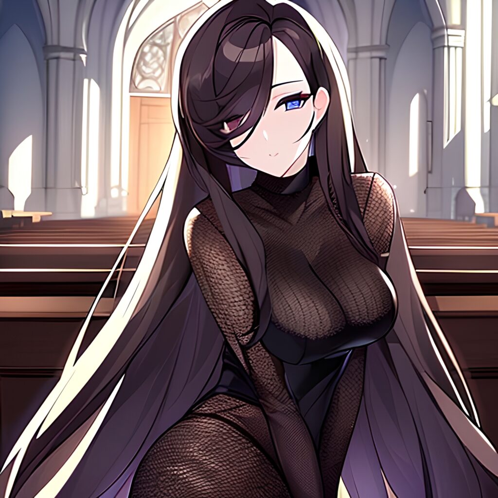 long hair woman brunette messy hair church fishnet 