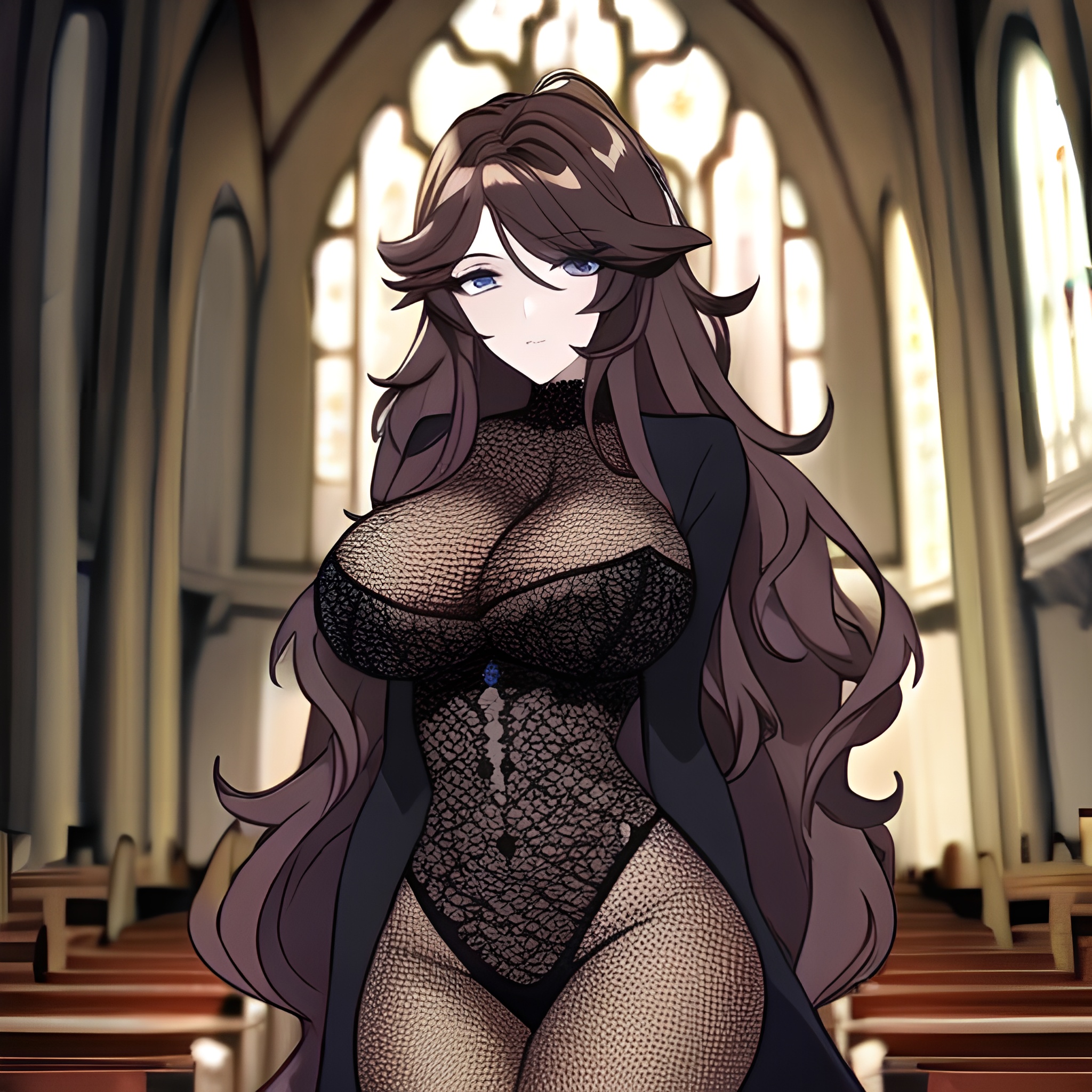 long hair woman brunette messy hair church fishnet 
