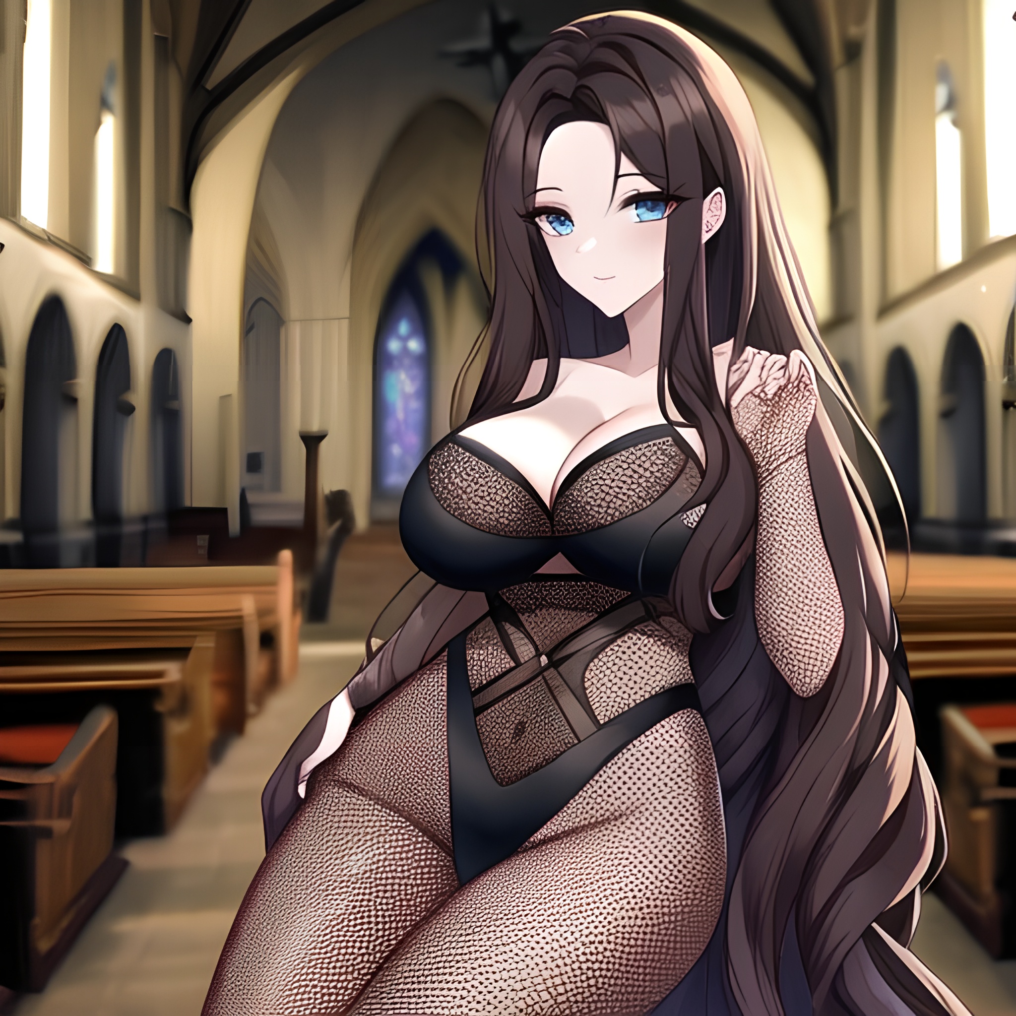 long hair woman brunette messy hair church fishnet 