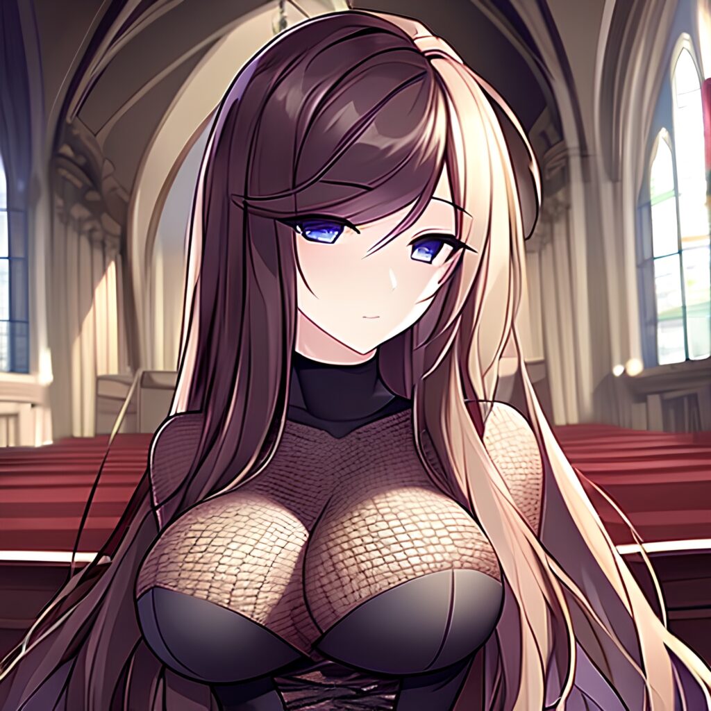 long hair woman brunette messy hair church fishnet 