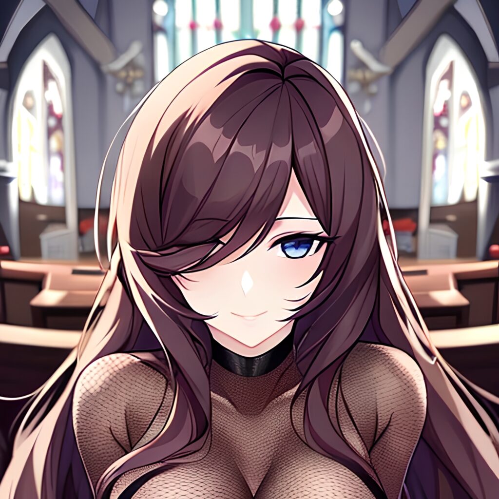 long hair woman brunette messy hair fishnet church 