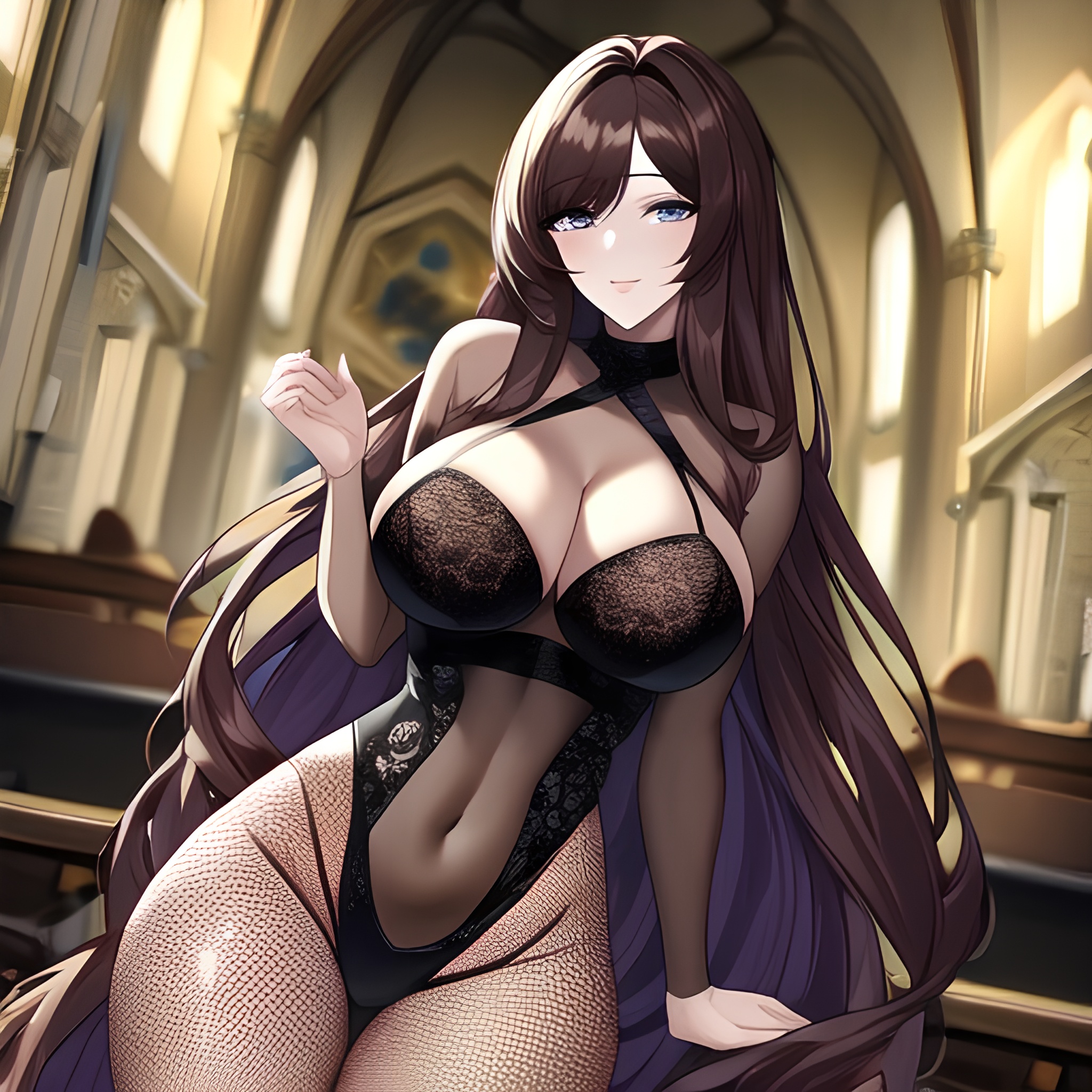 long hair woman brunette messy hair fishnet church 