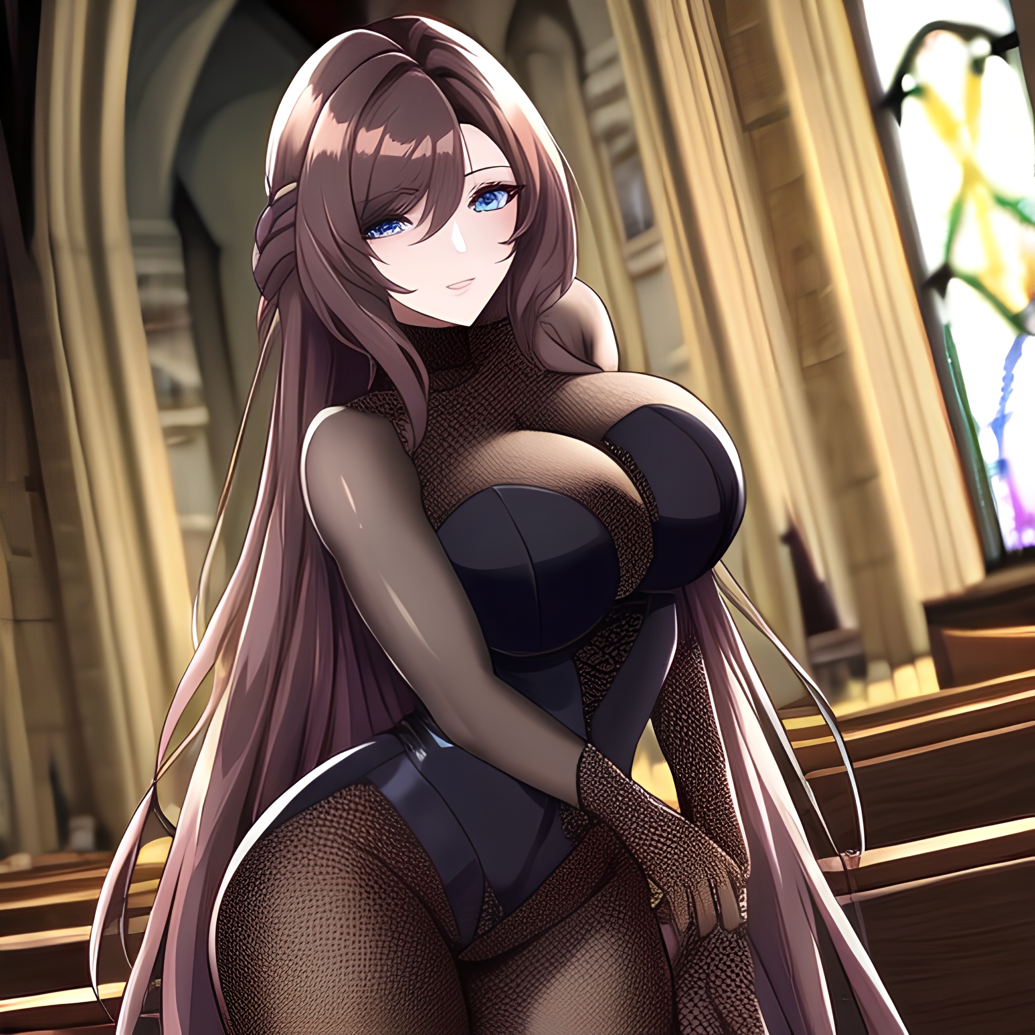 long hair woman brunette messy hair fishnet church 