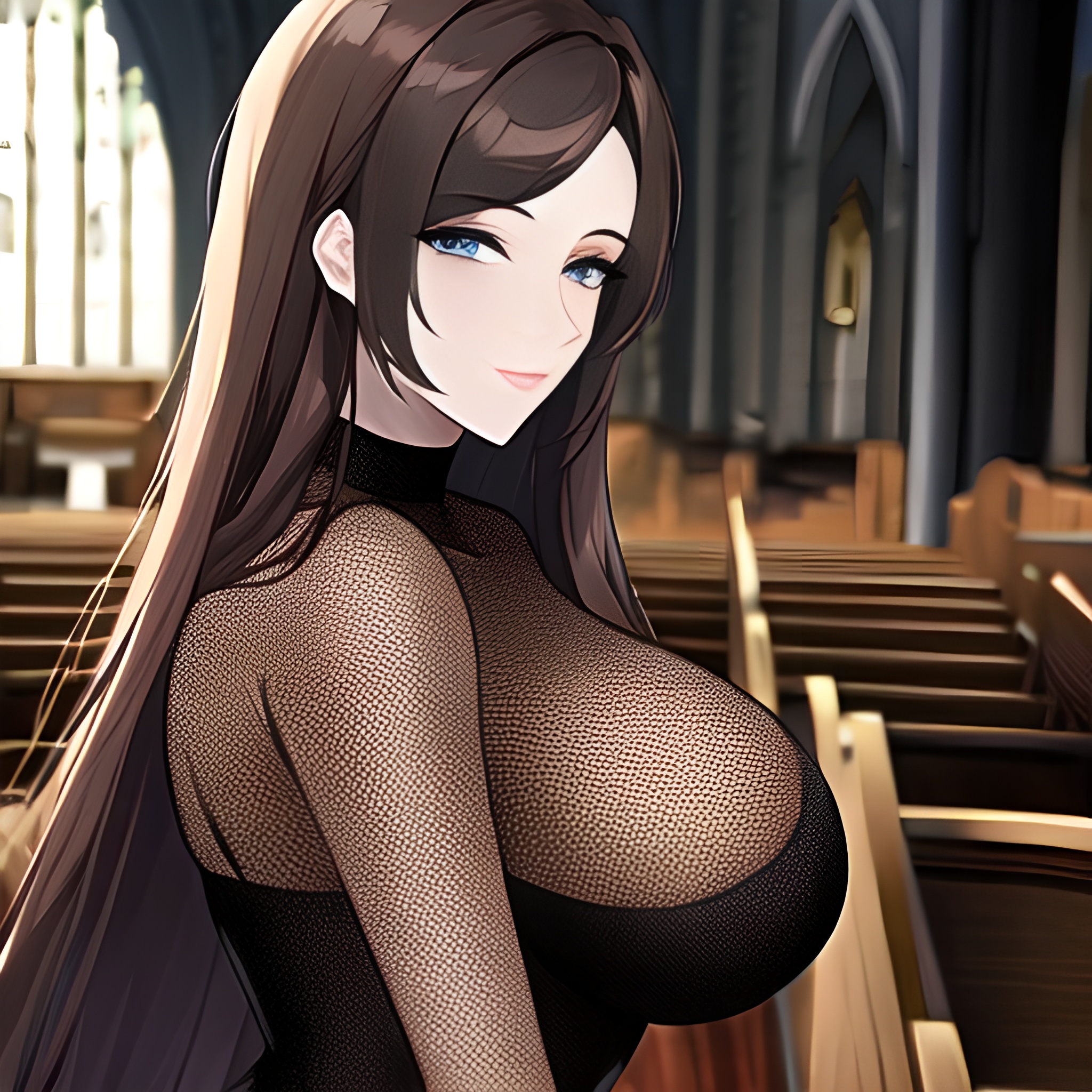 long hair woman brunette messy hair fishnet church 