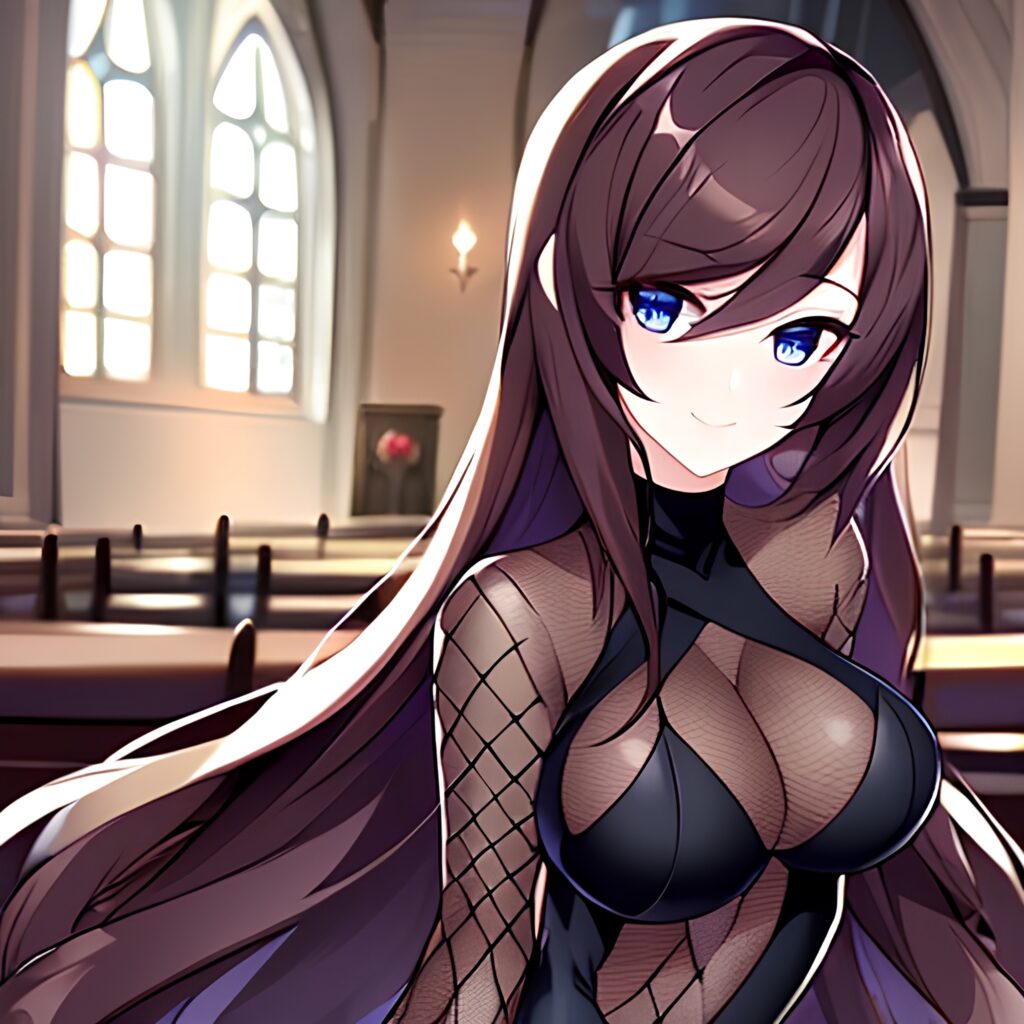 long hair woman church brunette fishnet messy hair