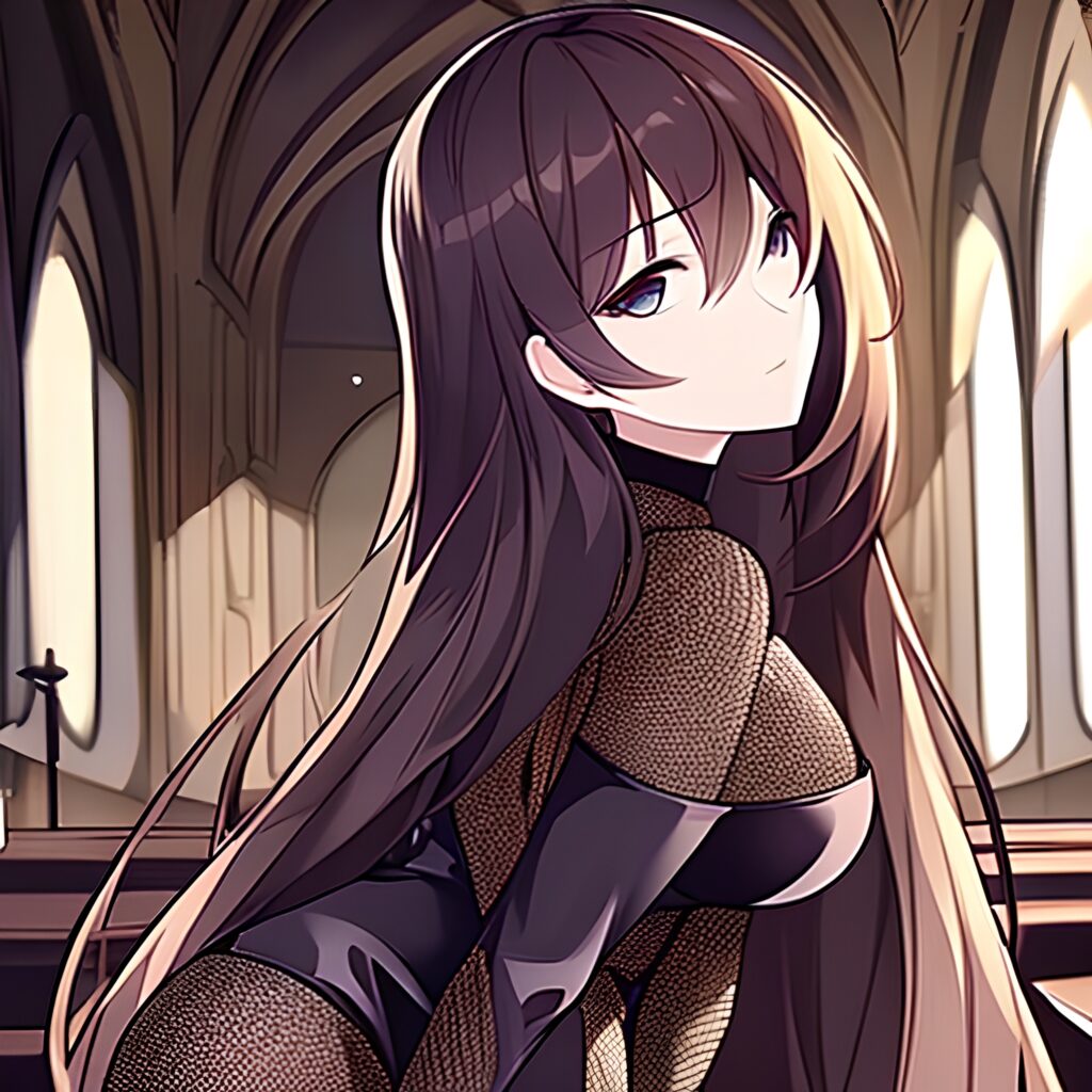 long hair woman church brunette messy hair fishnet 