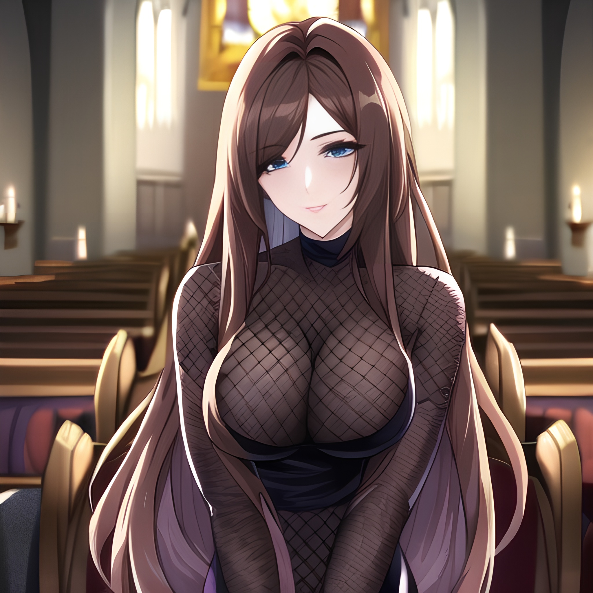 long hair woman church brunette messy hair fishnet 