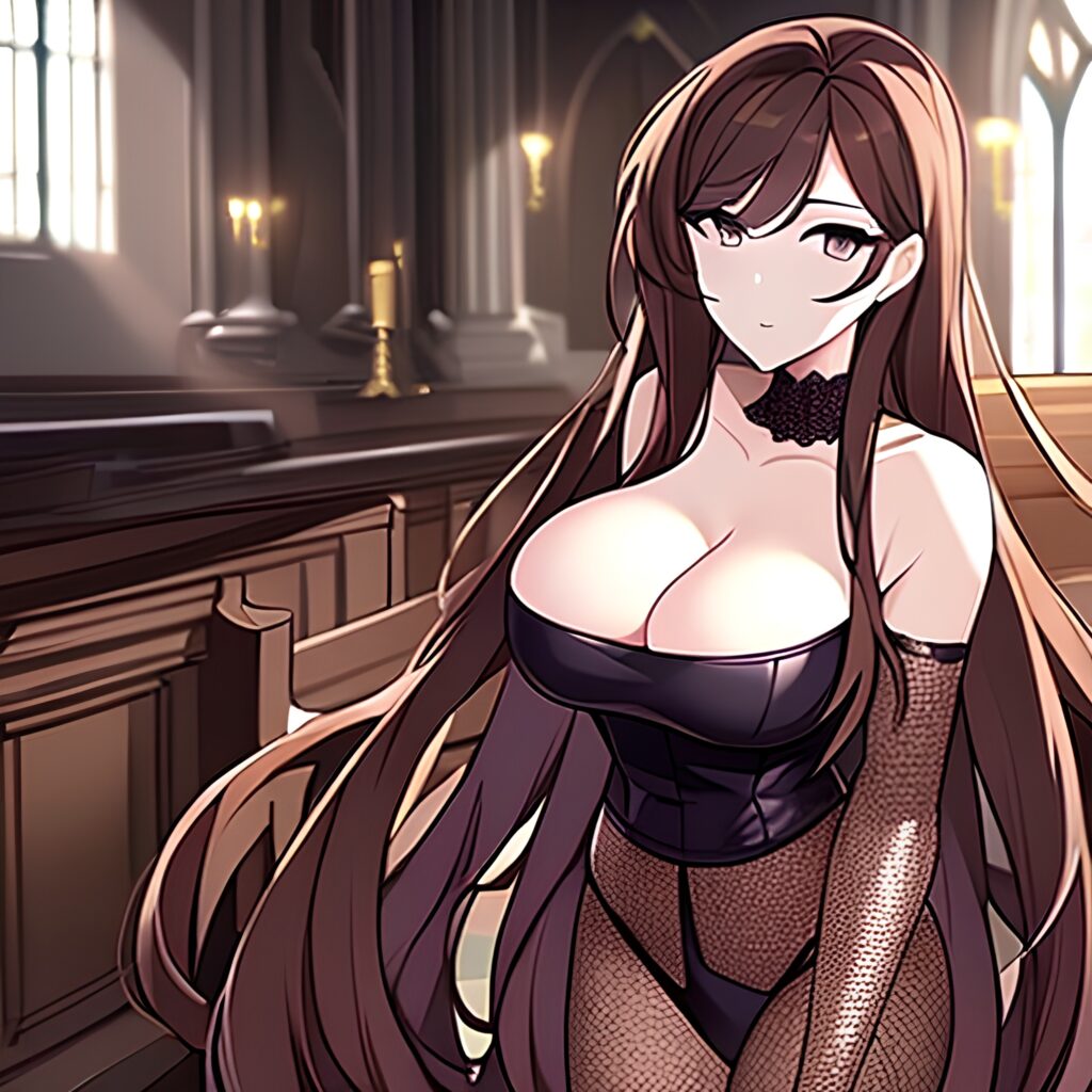 long hair woman church brunette messy hair fishnet 