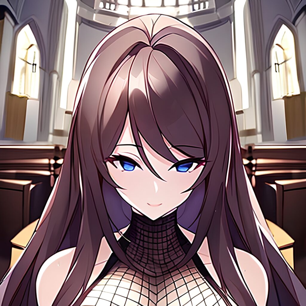 long hair woman church fishnet brunette messy hair 