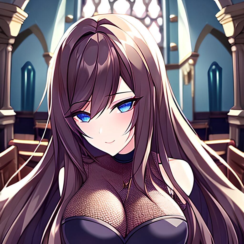 long hair woman church fishnet brunette messy hair 