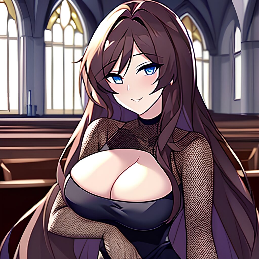 long hair woman church fishnet brunette messy hair 