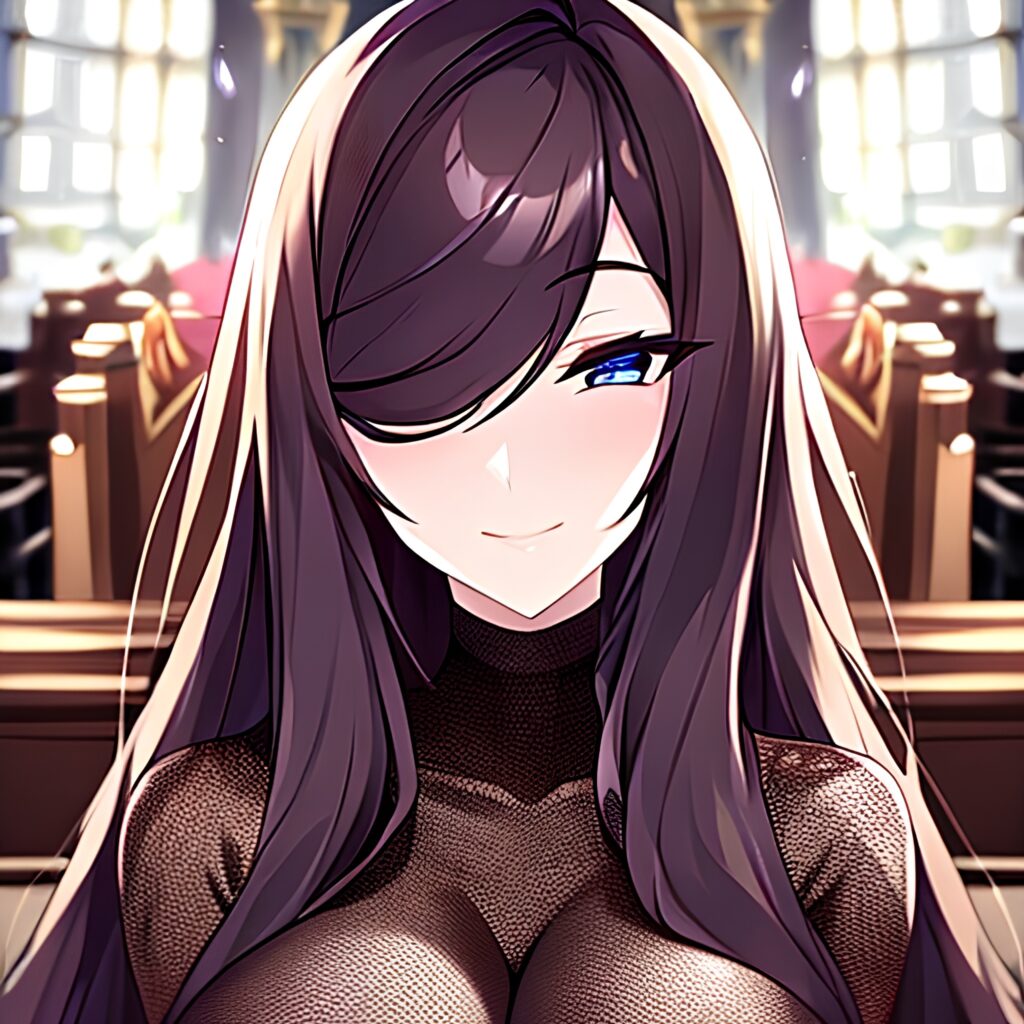 long hair woman church fishnet brunette messy hair