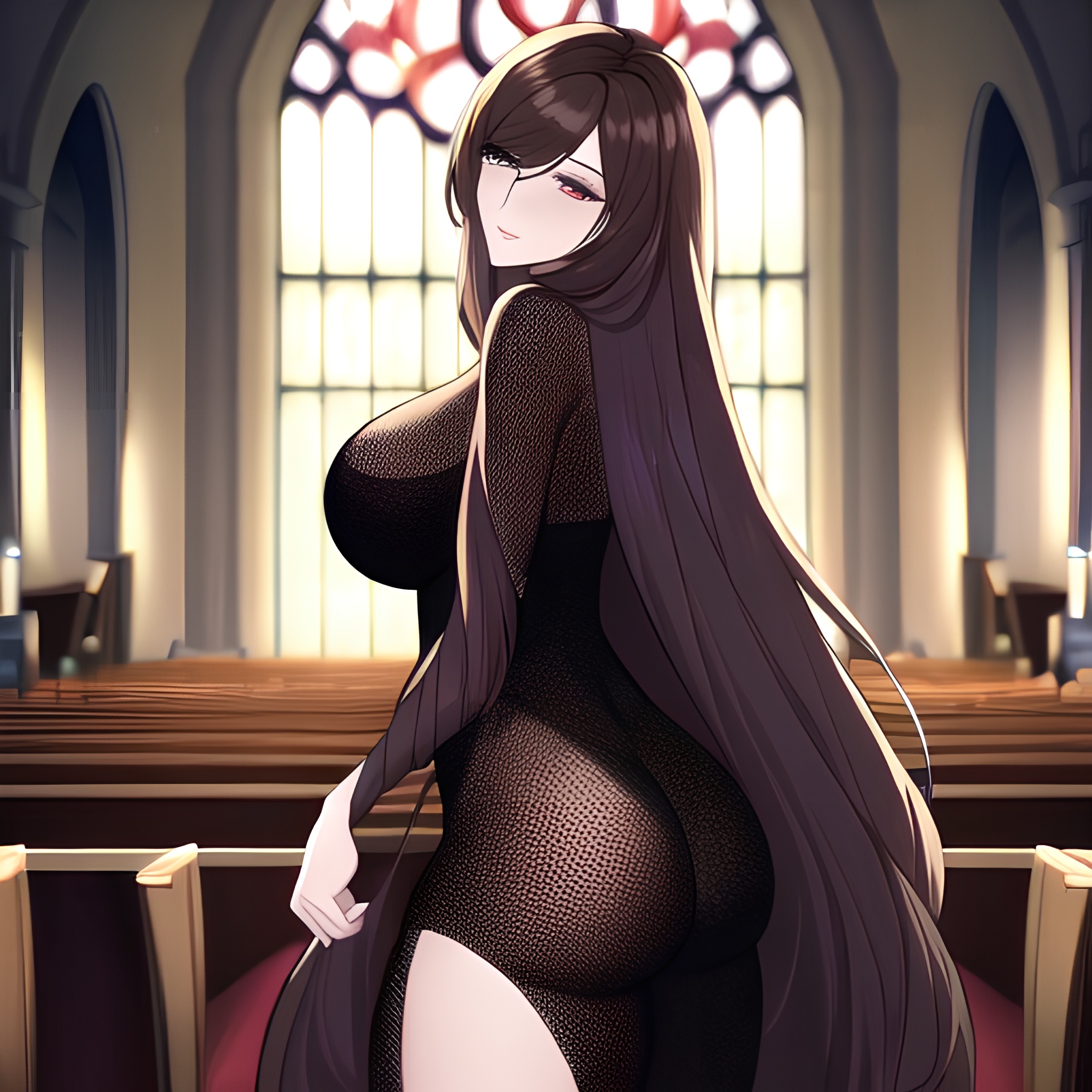 long hair woman church fishnet messy hair brunette 