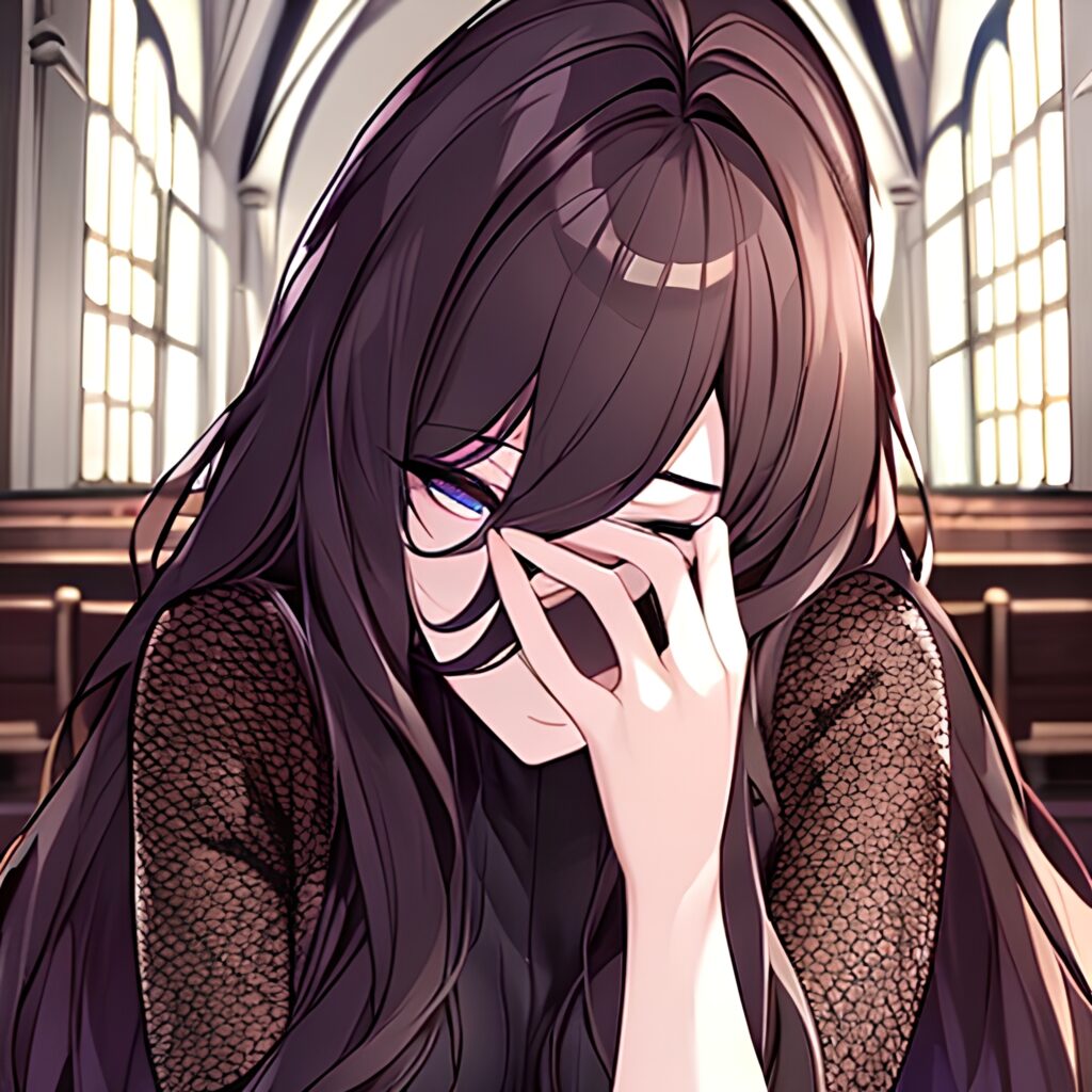 long hair woman church fishnet messy hair brunette