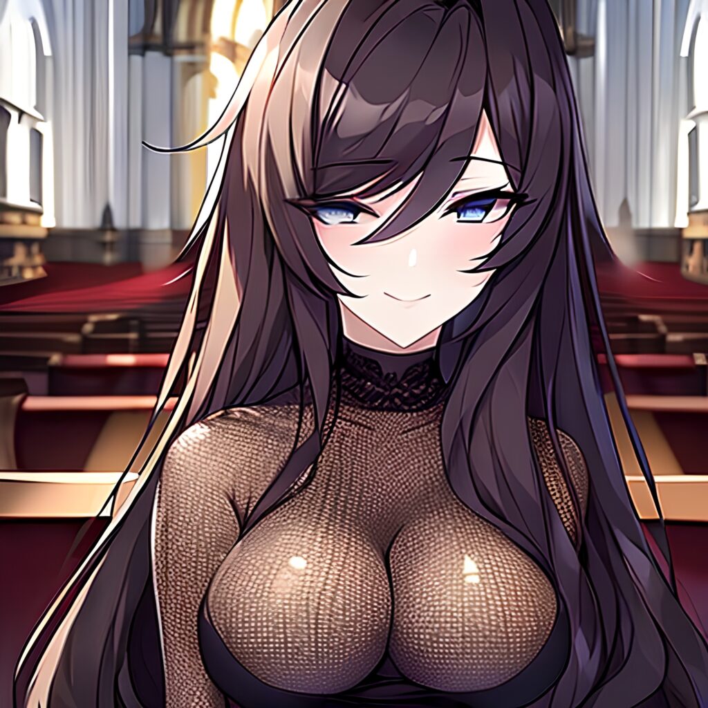 long hair woman church messy hair brunette fishnet 