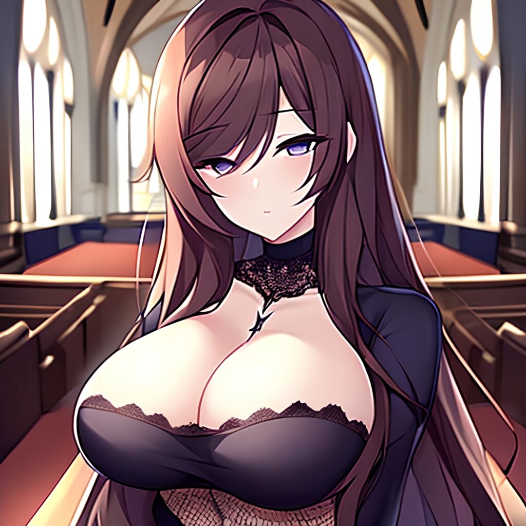 long hair woman church messy hair brunette fishnet