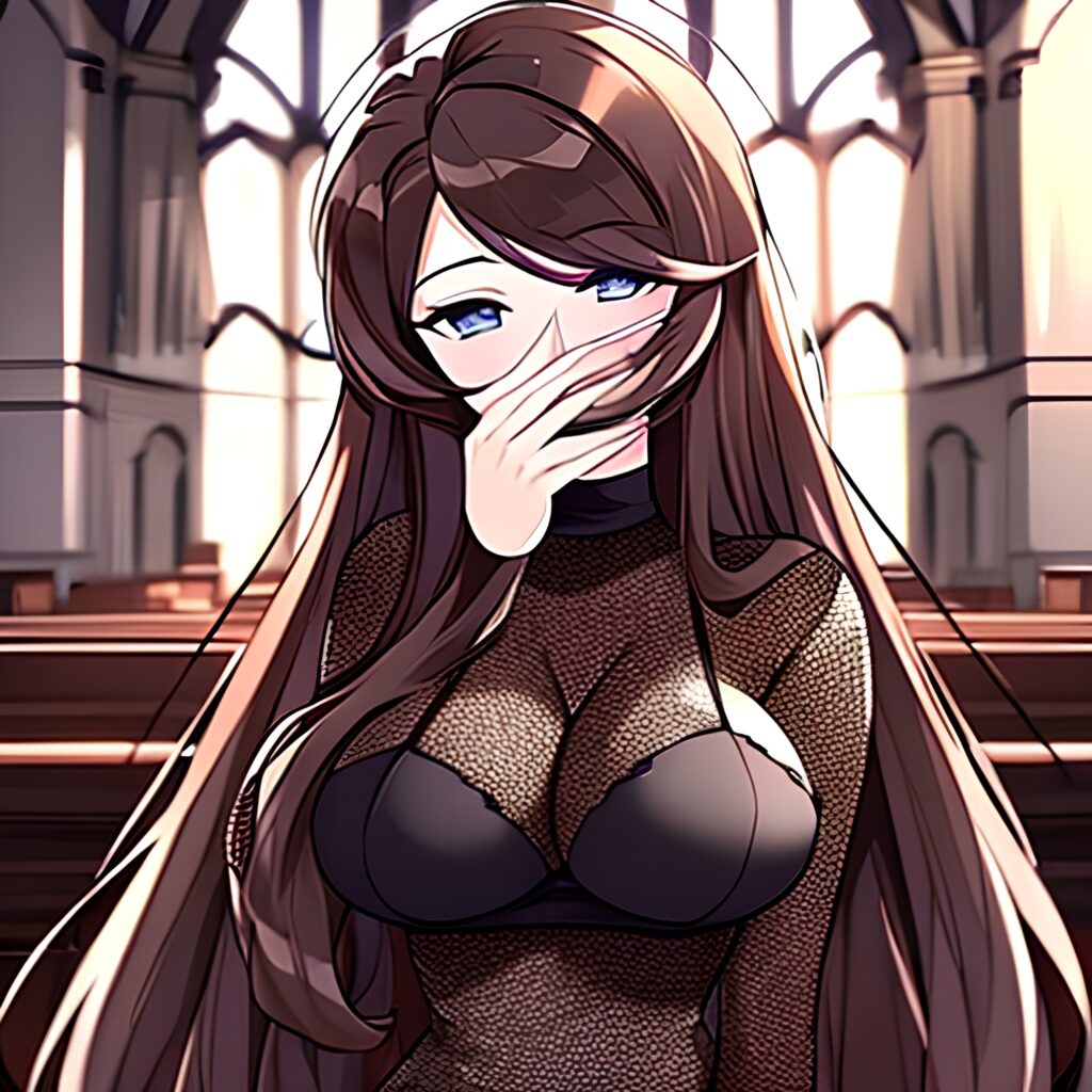 long hair woman church messy hair brunette fishnet