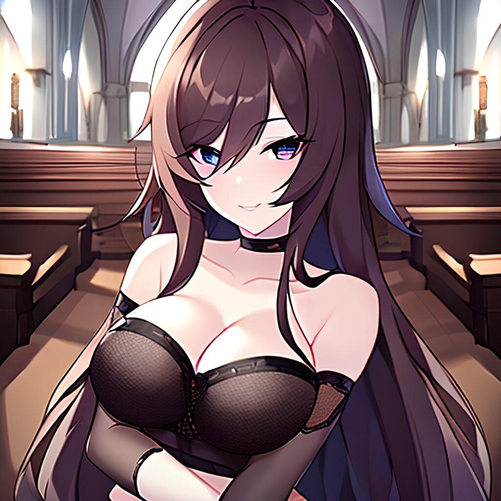 long hair woman church messy hair brunette fishnet