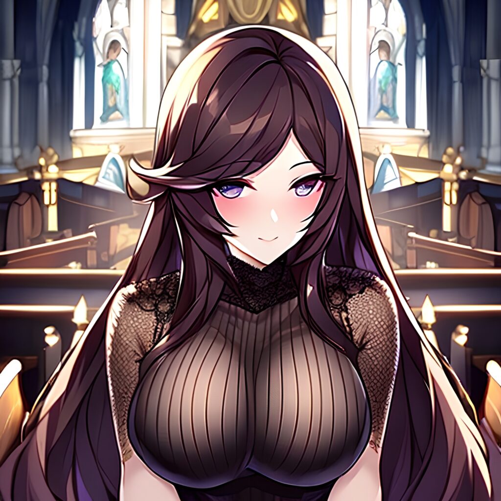long hair woman church messy hair brunette fishnet