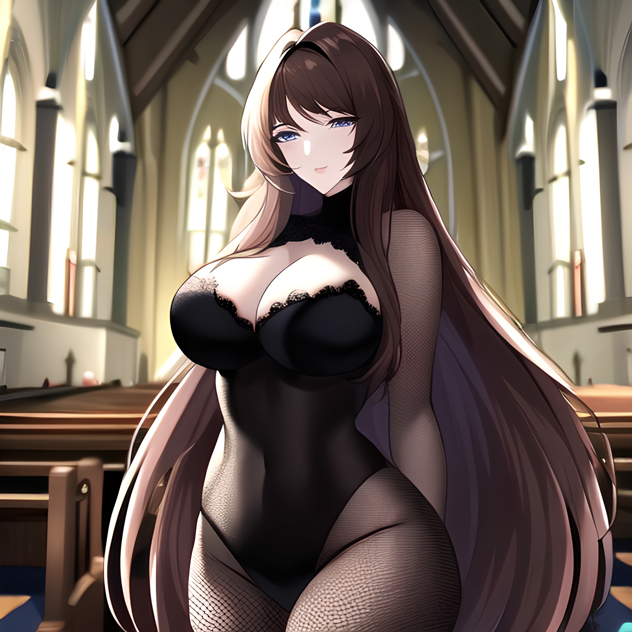 long hair woman fishnet brunette church messy hair