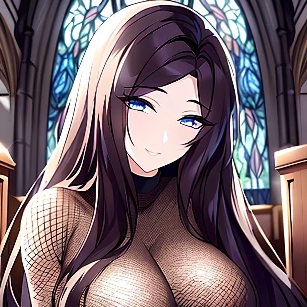 long hair woman fishnet brunette church messy hair