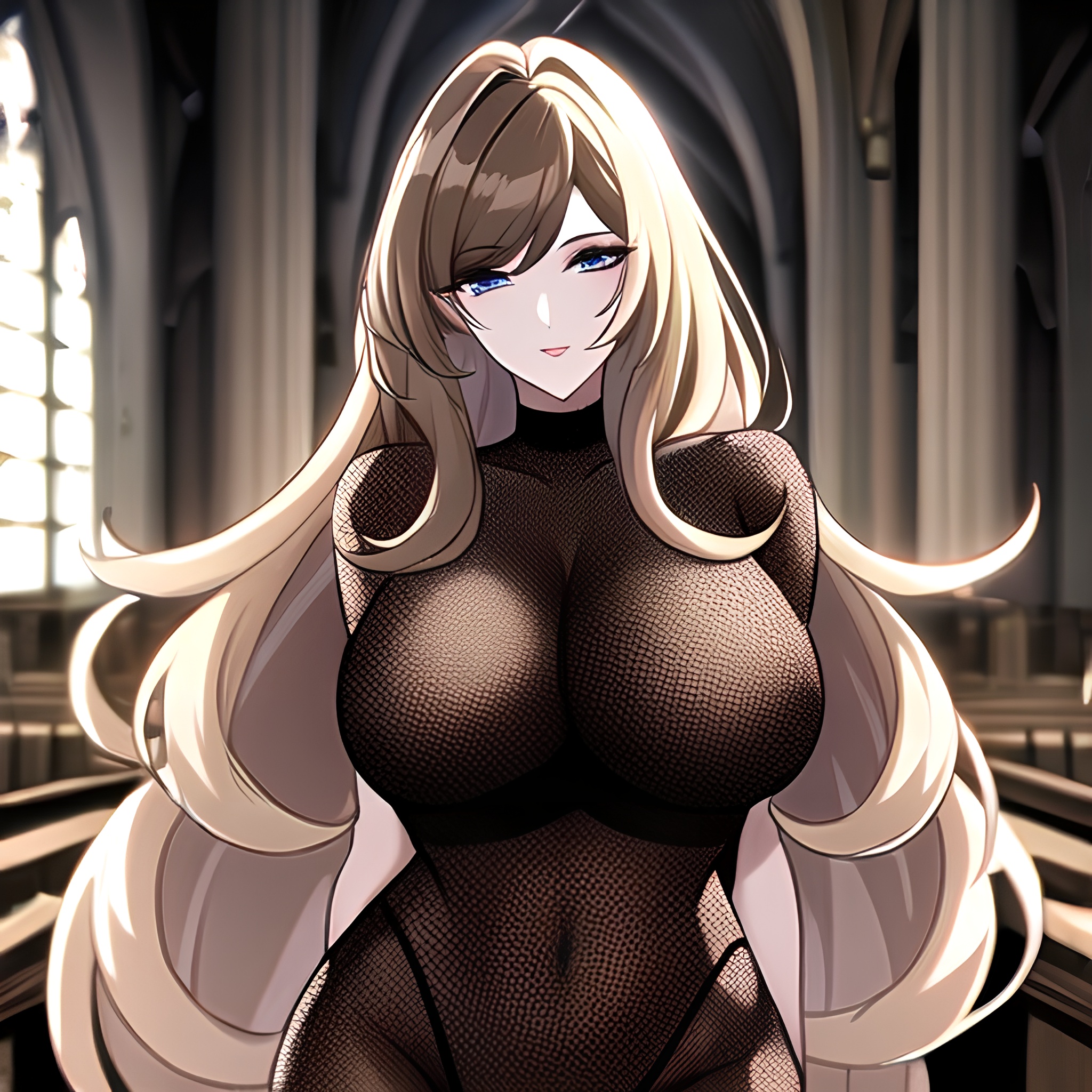 long hair woman fishnet brunette messy hair church