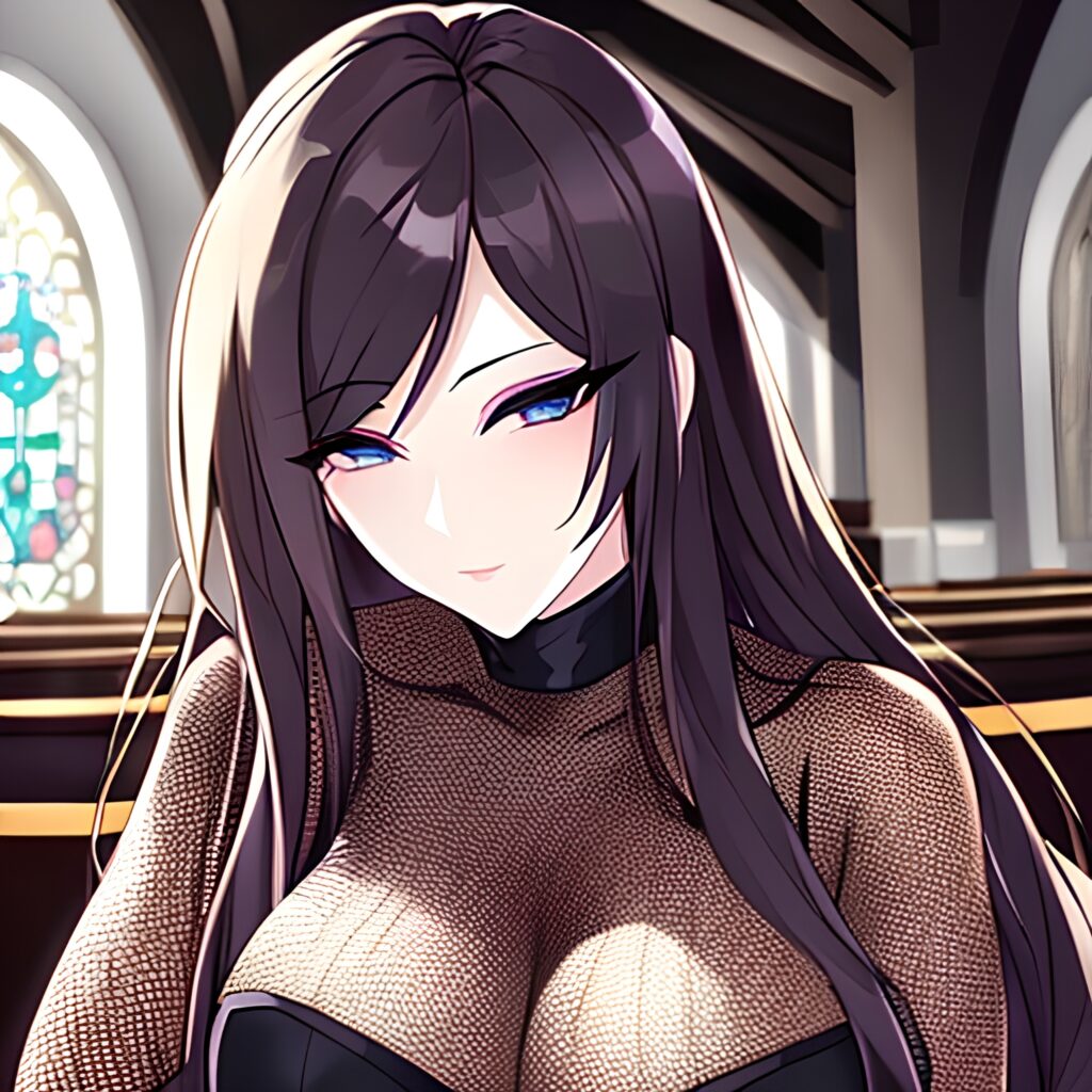 long hair woman fishnet brunette messy hair church 