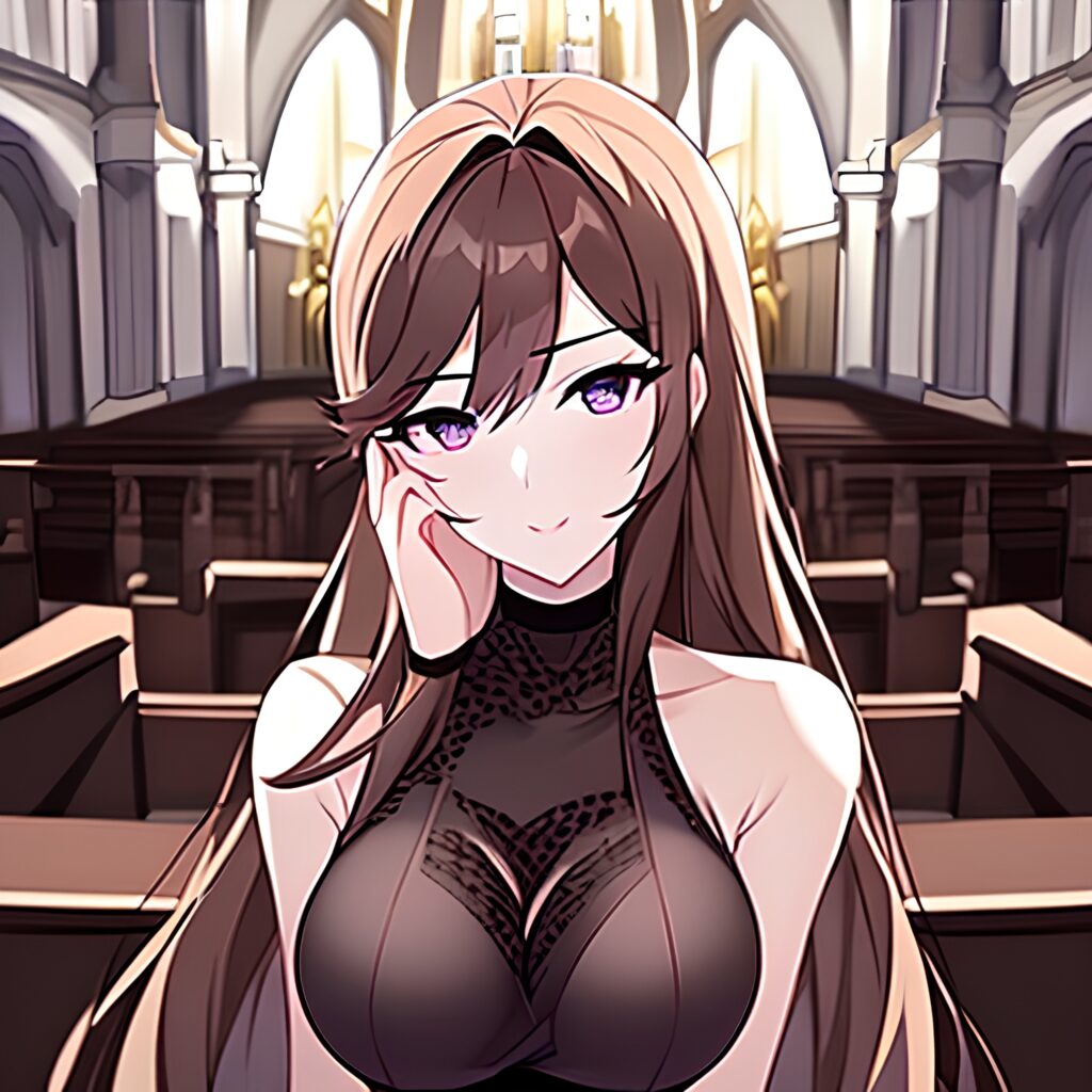 long hair woman fishnet brunette messy hair church 