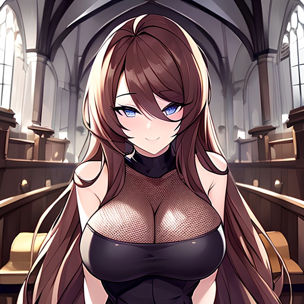 long hair woman fishnet church brunette messy hair 