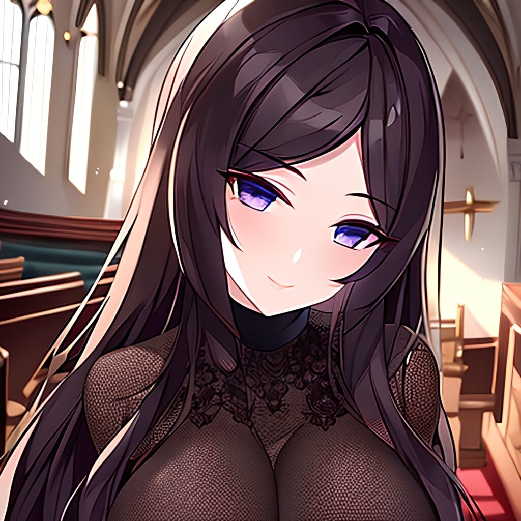 long hair woman fishnet church brunette messy hair 