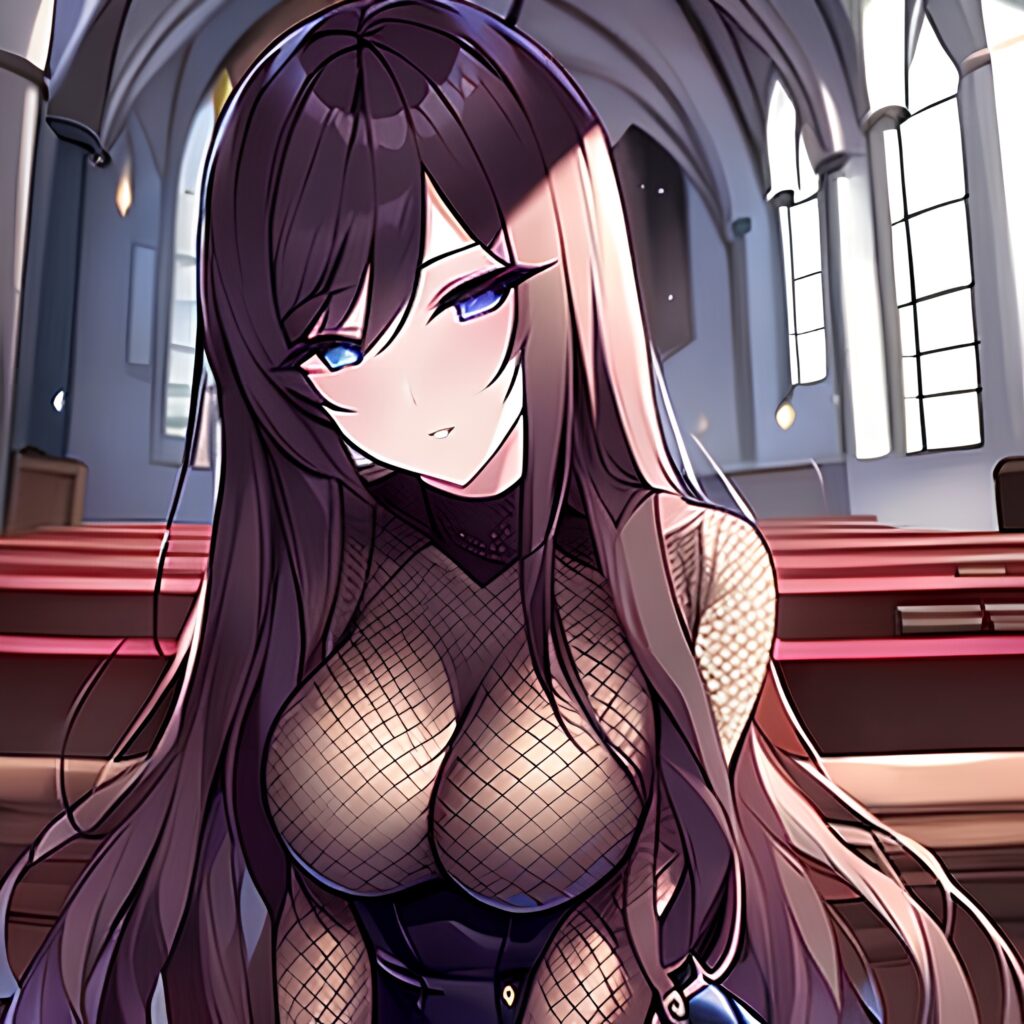 long hair woman fishnet church brunette messy hair 
