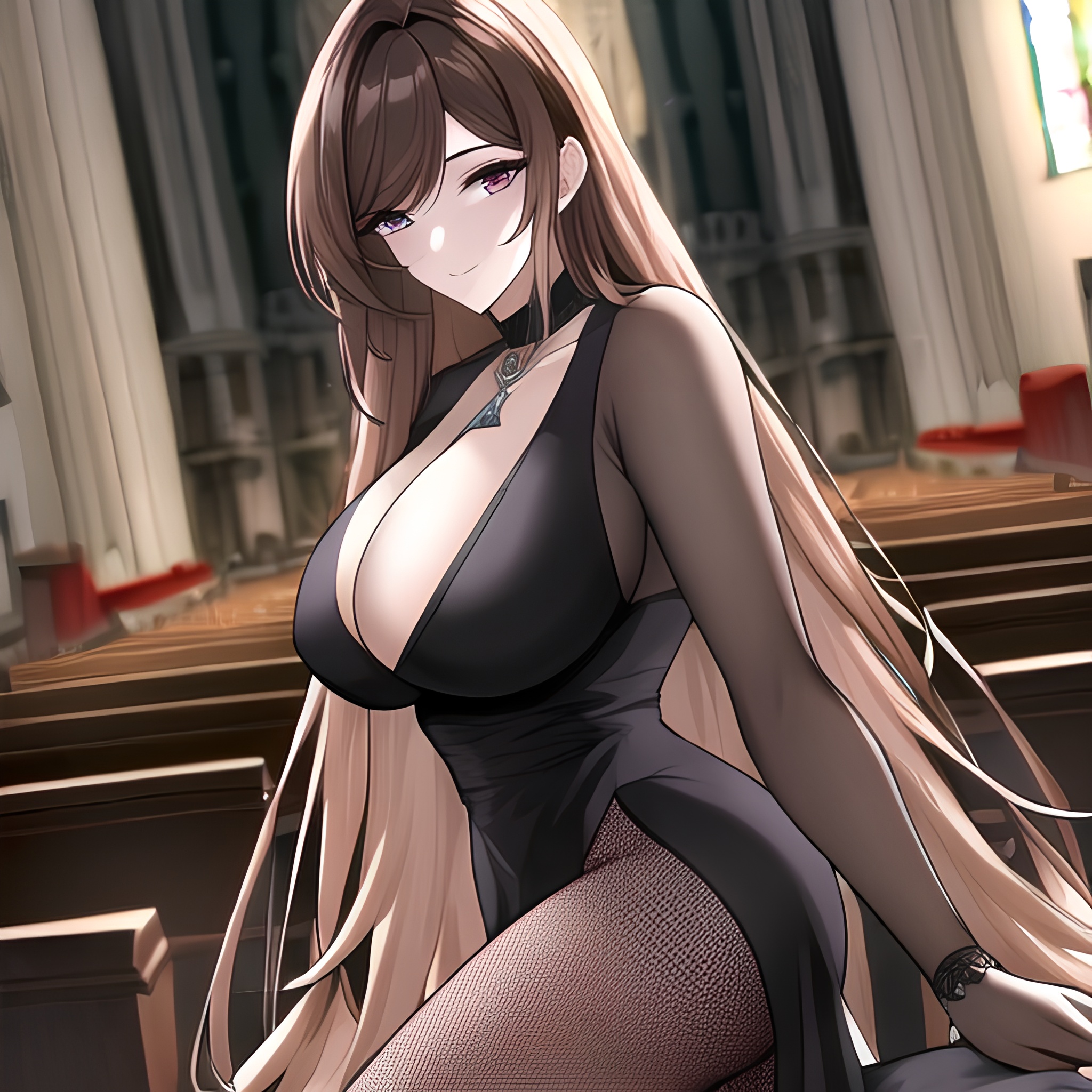 long hair woman fishnet church brunette messy hair 