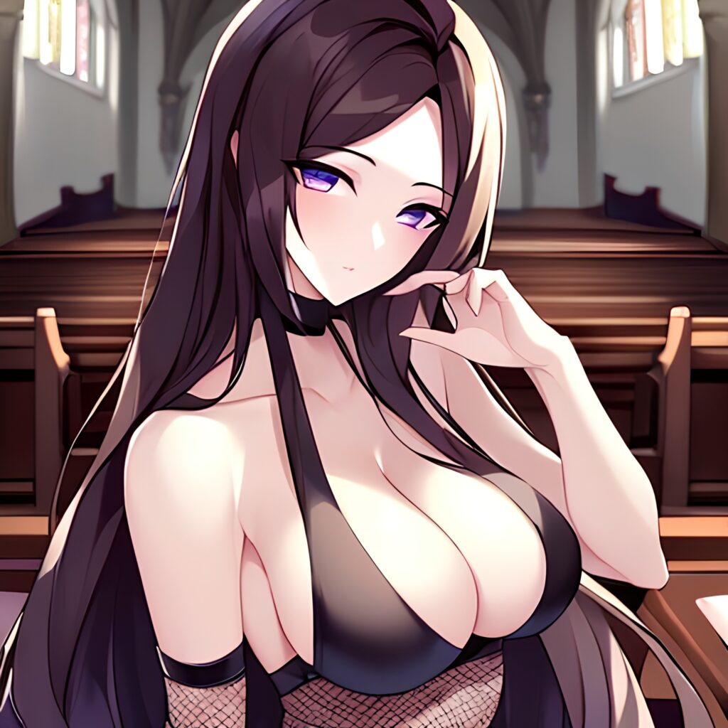 long hair woman fishnet church messy hair brunette