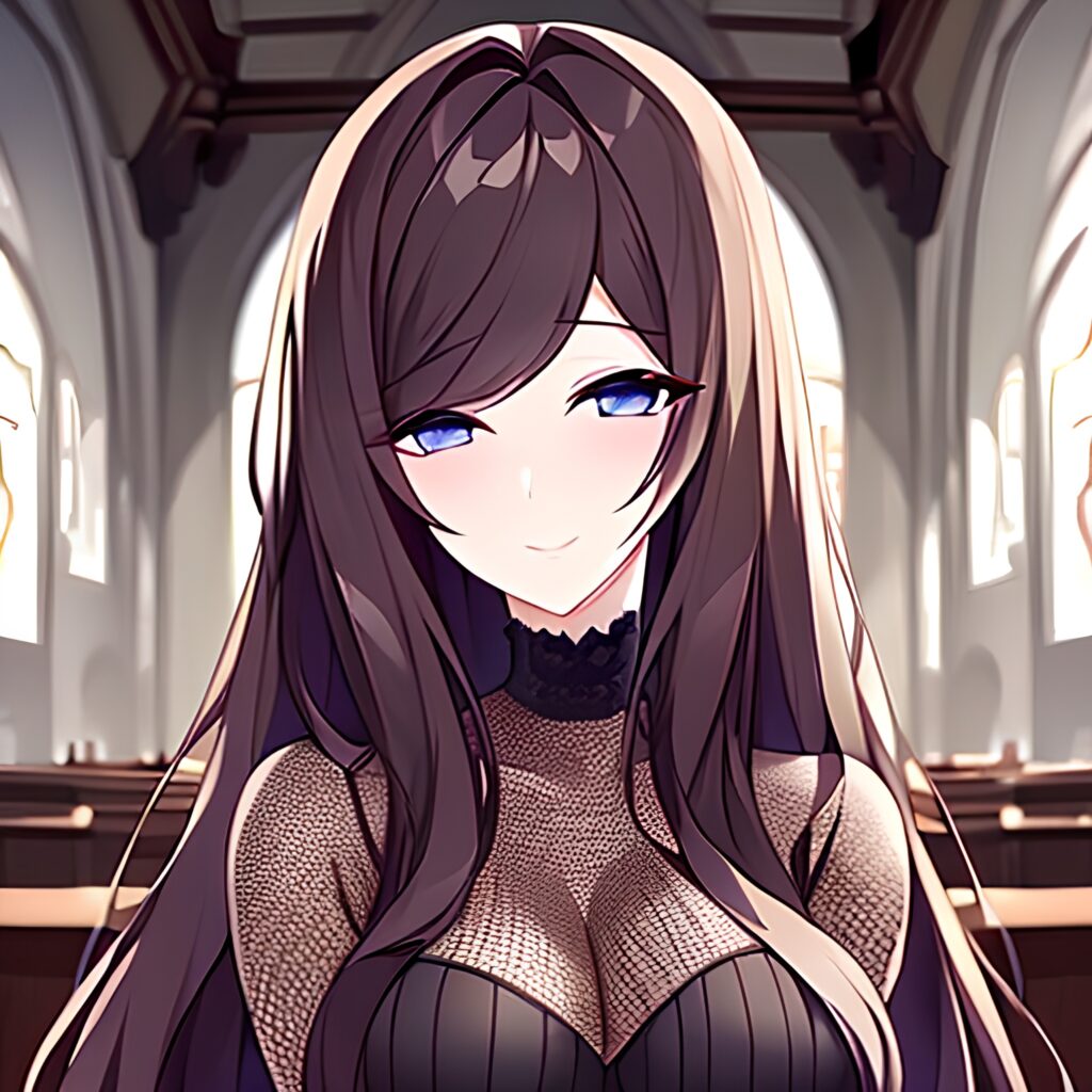 long hair woman fishnet church messy hair brunette