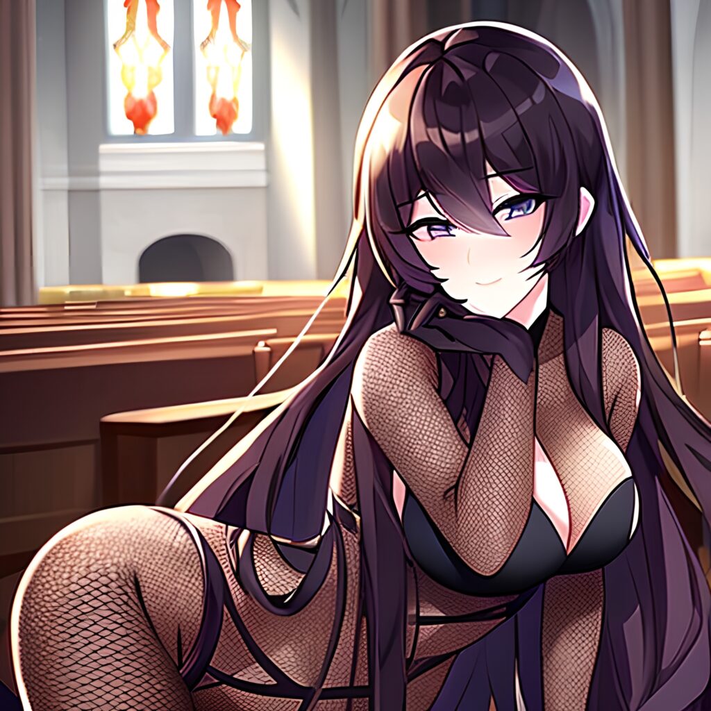 long hair woman fishnet church messy hair brunette