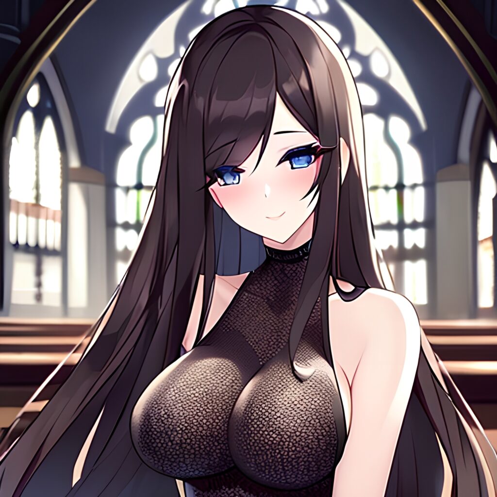 long hair woman fishnet church messy hair brunette