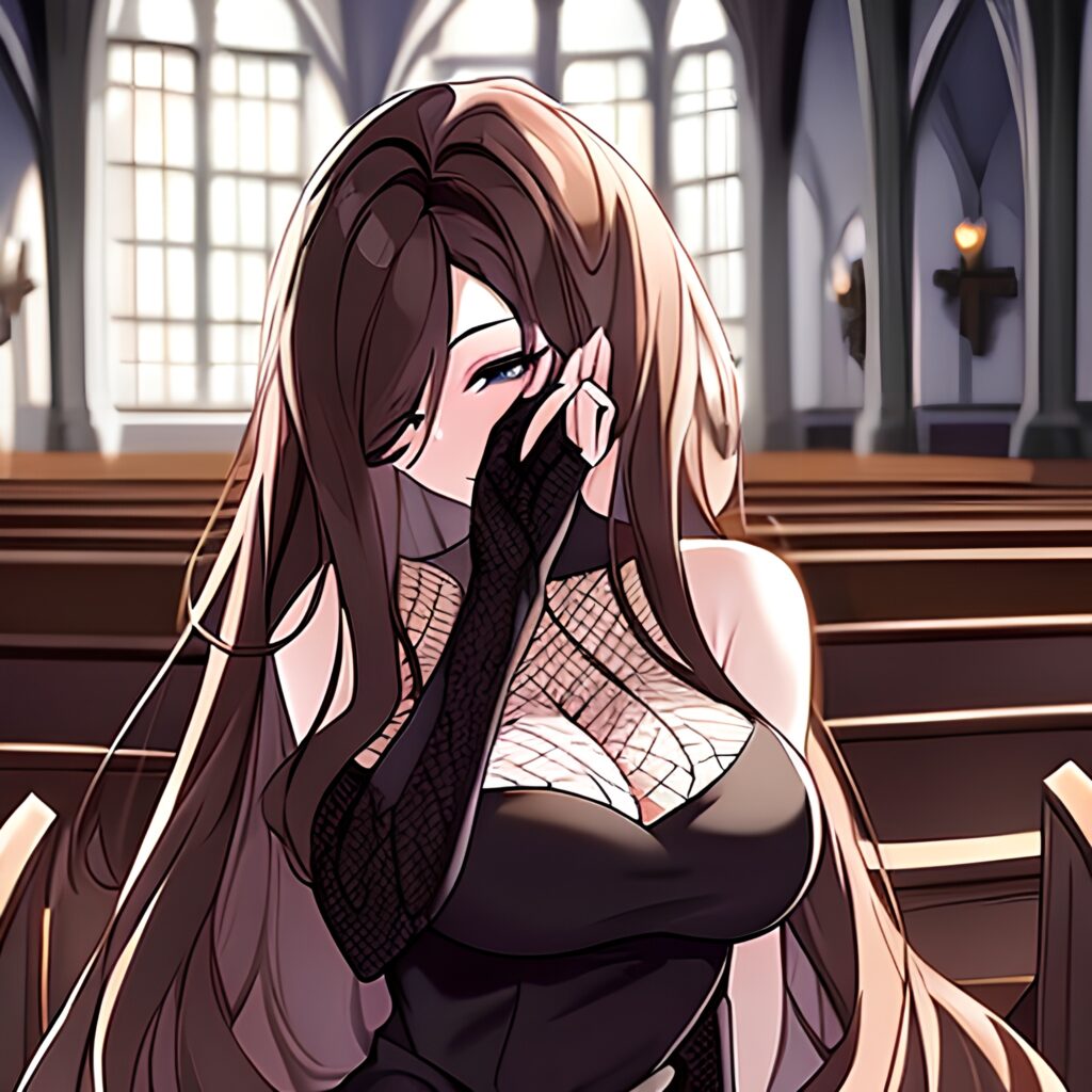 long hair woman fishnet messy hair brunette church