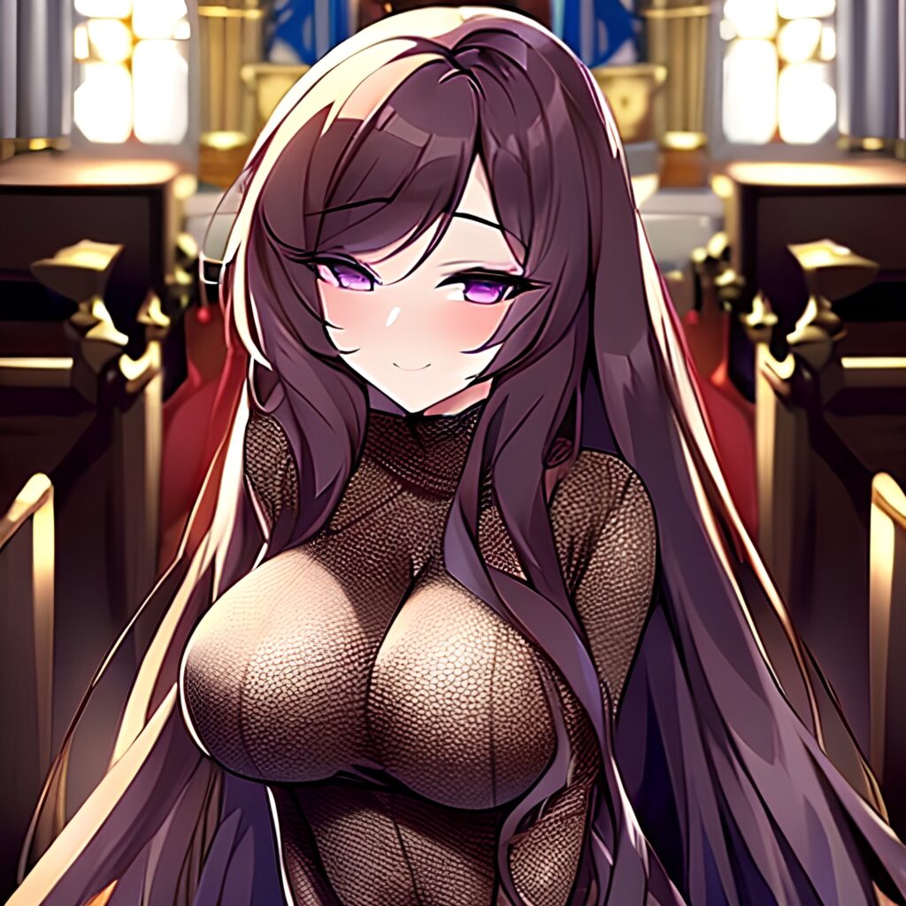 long hair woman fishnet messy hair brunette church 
