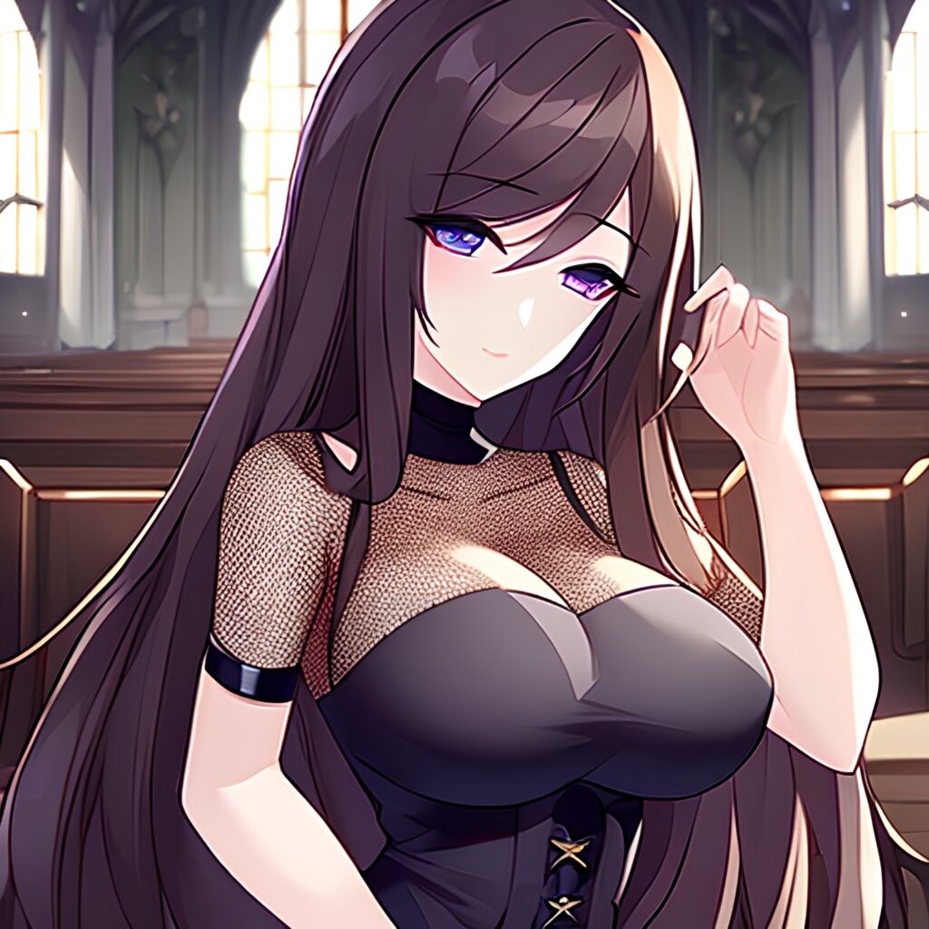 long hair woman fishnet messy hair brunette church