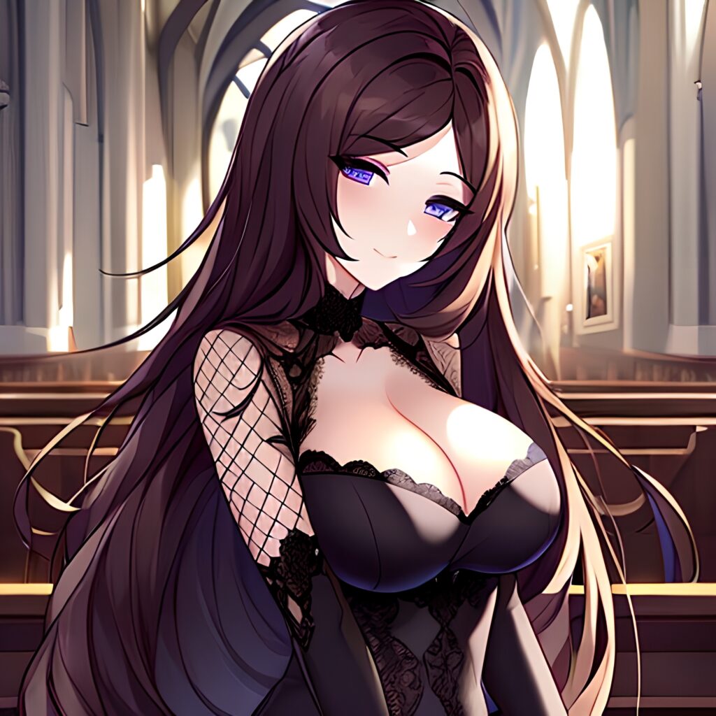 long hair woman fishnet messy hair brunette church 