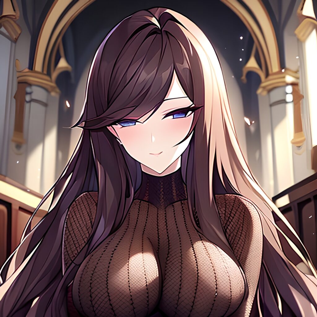 long hair woman fishnet messy hair brunette church