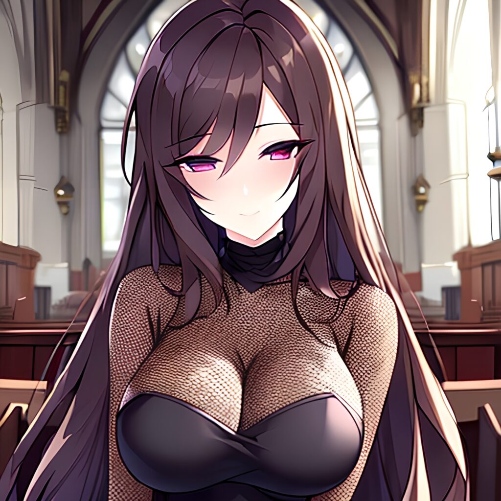 long hair woman fishnet messy hair brunette church
