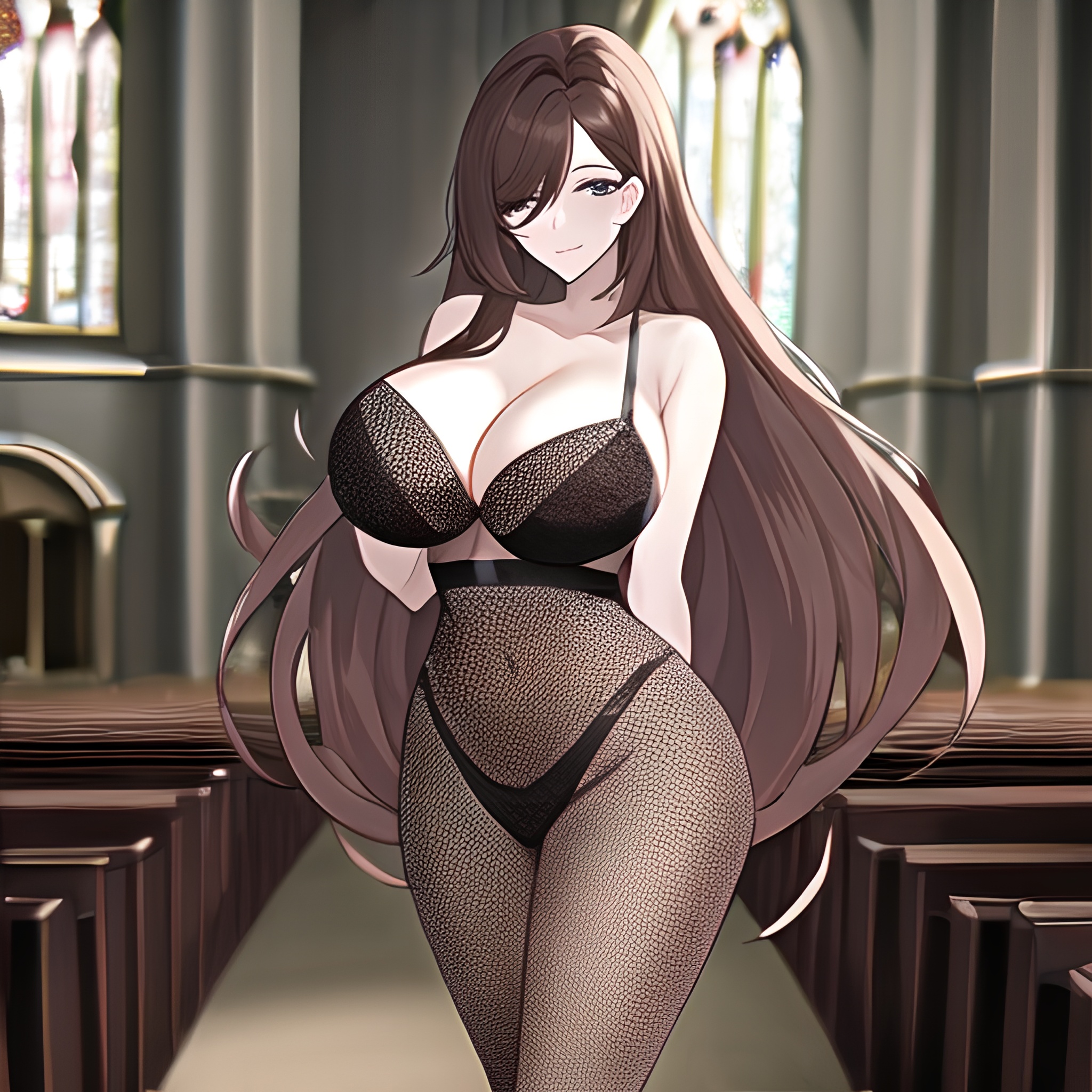 long hair woman fishnet messy hair church brunette